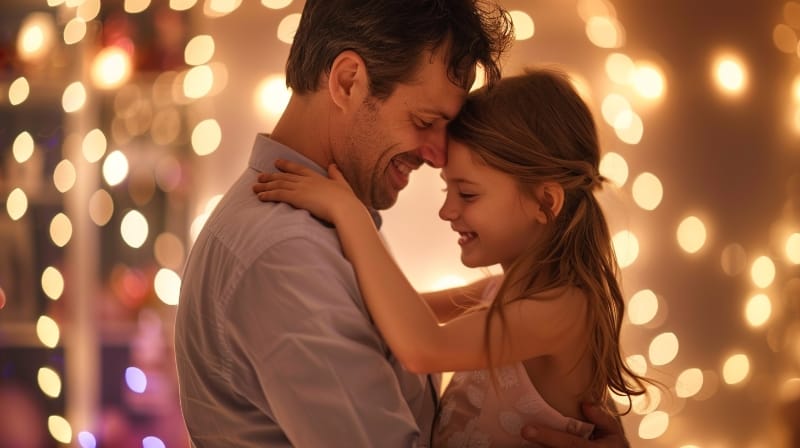 Father Daughter web A father and young daughter dancing with white lights in the background.
